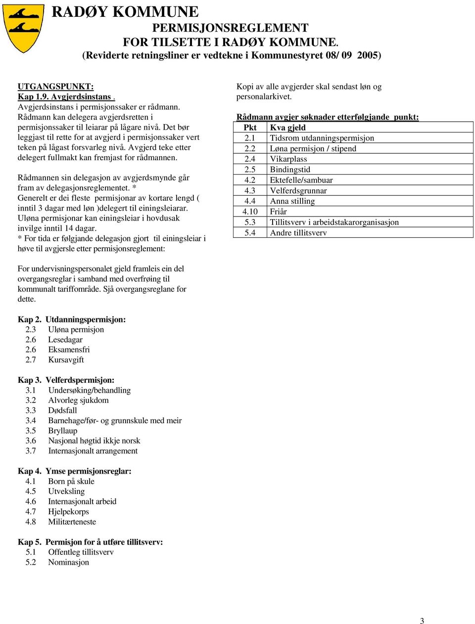 Rådmannen sin delegasjon av avgjerdsmynde går fram av delegasjonsreglementet. * Generelt er dei fleste permisjonar av kortare lengd ( inntil 3 dagar med løn )delegert til einingsleiarar.