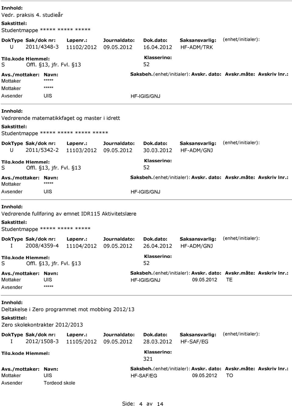 Avskr. dato: Avskr.måte: Avskriv lnr.: Mottaker ***** HF-G/GNJ Vedrørende fullføring av emnet DR115 Aktivitetslære tudentmappe ***** ***** ***** 2008/4359-4 11104/2012 26.04.2012 HF-ADM/GNJ Avs.