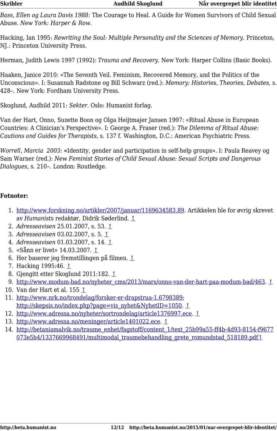 New York: Harper Collins (Basic Books). Haaken, Janice 2010: «The Seventh Veil. Feminism, Recovered Memory, and the Politics of the Unconscious». I: Susannah Radstone og Bill Schwarz (red.