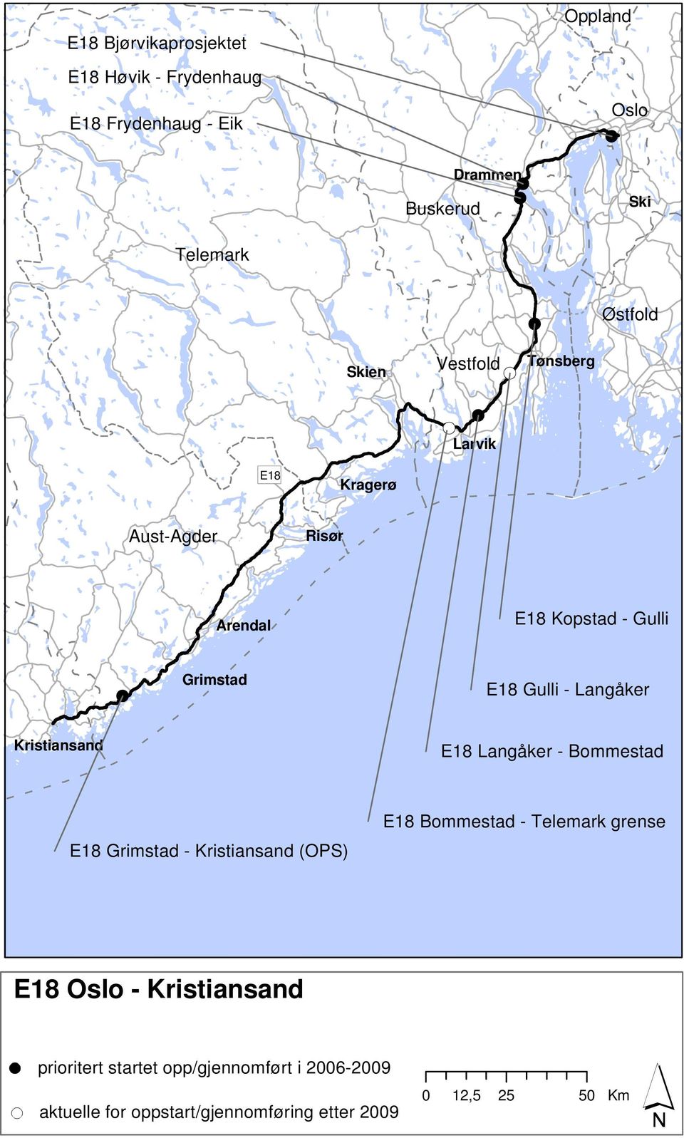 Kristiansand E18 Langåker - Bommestad E18 Grimstad - Kristiansand (OPS) E18 Bommestad - Telemark grense E18 Oslo -