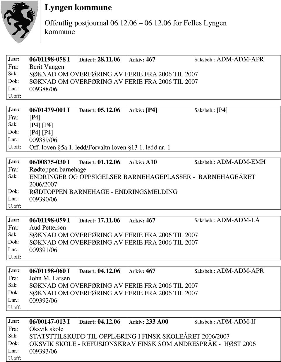 : ADM-ADM-EMH Fra: Rødtoppen barnehage Sak: ENDRINGER OG OPPSIGELSER BARNEHAGEPLASSER - BARNEHAGEÅRET 2006/2007 Dok: RØDTOPPEN BARNEHAGE - ENDRINGSMELDING Lnr.: 009390/06 J.