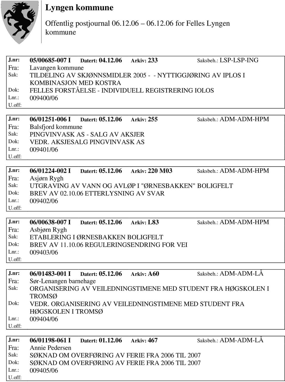 nr: 06/01251-006 I Datert: 05.12.06 Arkiv: 255 Saksbeh.: ADM-ADM-HPM Fra: Balsfjord Sak: PINGVINVASK AS - SALG AV AKSJER Dok: VEDR. AKSJESALG PINGVINVASK AS Lnr.: 009401/06 J.