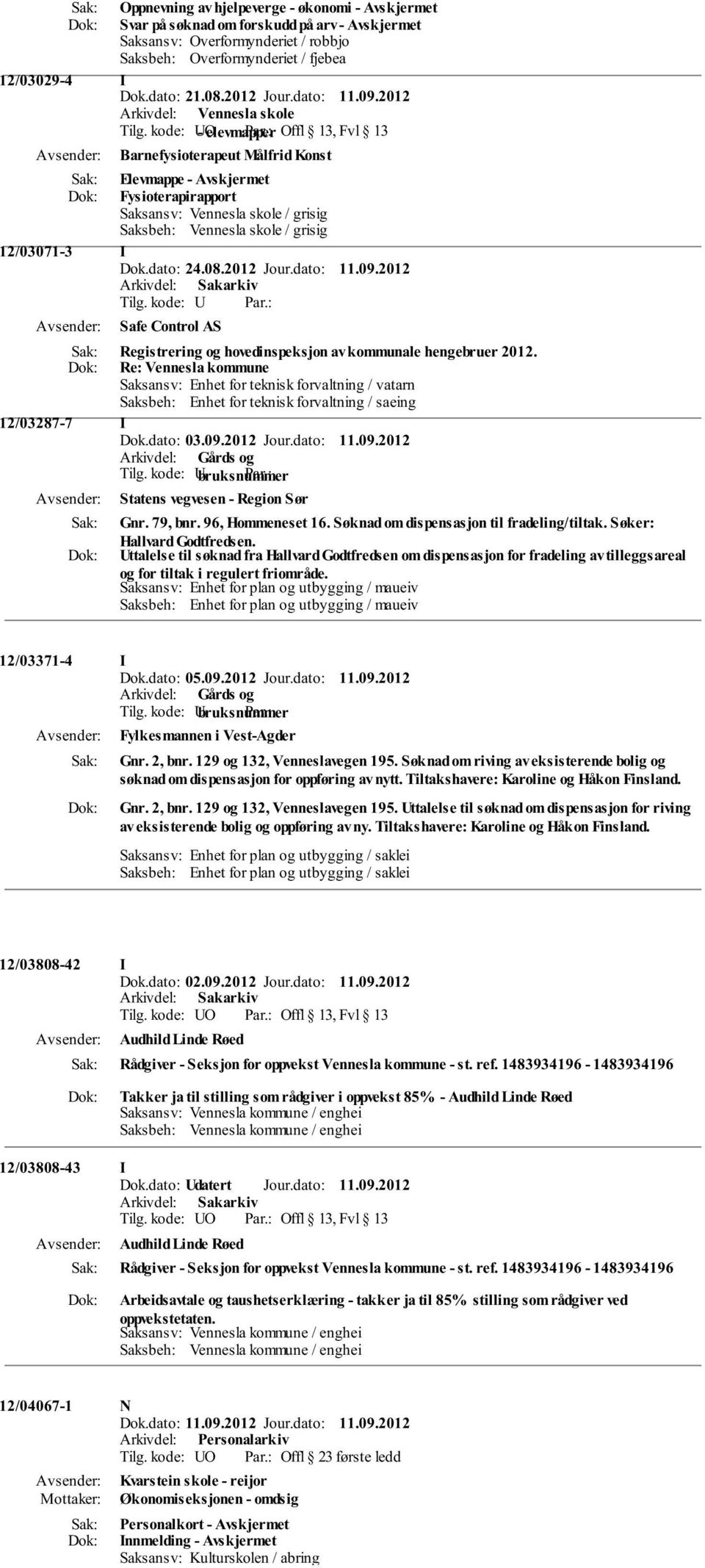 Re: Vennesla kommune Saksansv: Enhet for teknisk forvaltning / vatarn Saksbeh: Enhet for teknisk forvaltning / saeing 12/03287-7 I Dok.dato: 03.09.2012 Jour.dato: 11.09.2012 Statens vegvesen - Region Sør Gnr.