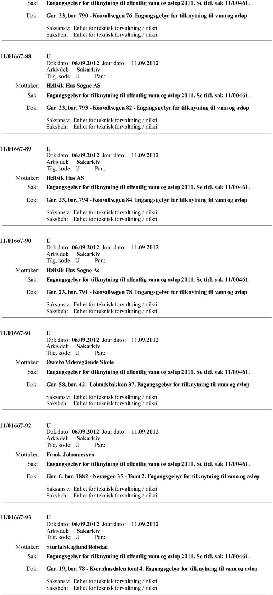 793 - Konvallvegen 82 - Engangsgebyr for tilknytning til vann og avløp 11/01667-89 U Hellvik Hus AS Engangsgebyr for tilknytning til offentlig vann og avløp 2011. Se tidl. sak 11/00461. Gnr. 23, bnr.