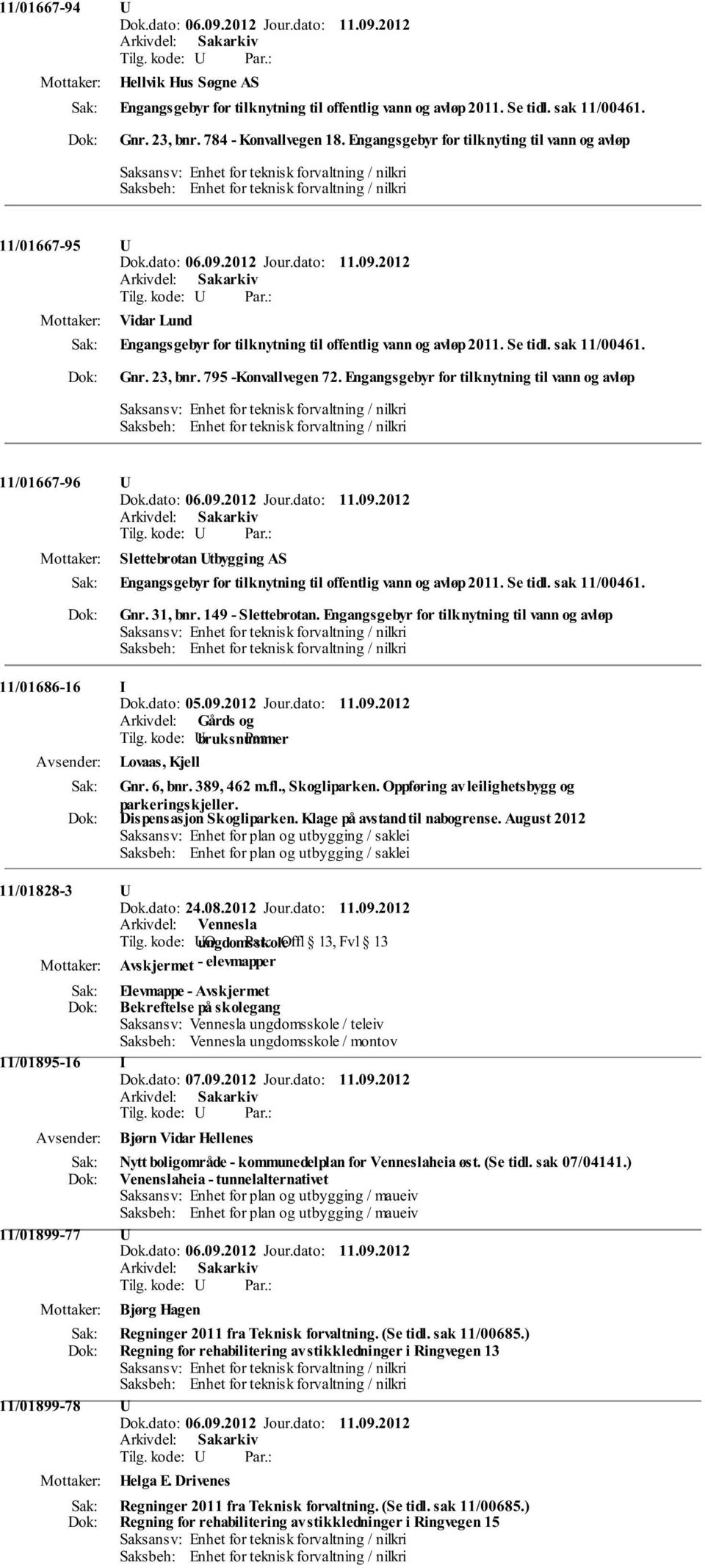 Engangsgebyr for tilknytning til vann og avløp 11/01667-96 U Slettebrotan Utbygging AS Engangsgebyr for tilknytning til offentlig vann og avløp 2011. Se tidl. sak 11/00461. Gnr. 31, bnr.