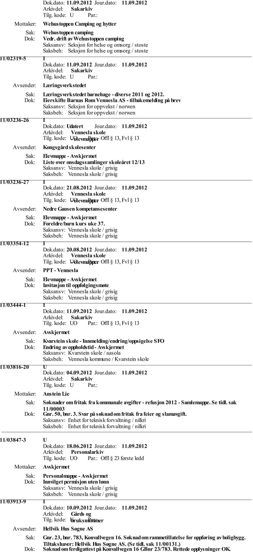 2012. Eierskifte Barnas Rom Vennesla AS - tilbakemelding på brev Saksansv: Seksjon for oppvekst / norwen Saksbeh: Seksjon for oppvekst / norwen 11/03236-26 I Dok.dato: Udatert Jour.dato: 11.09.