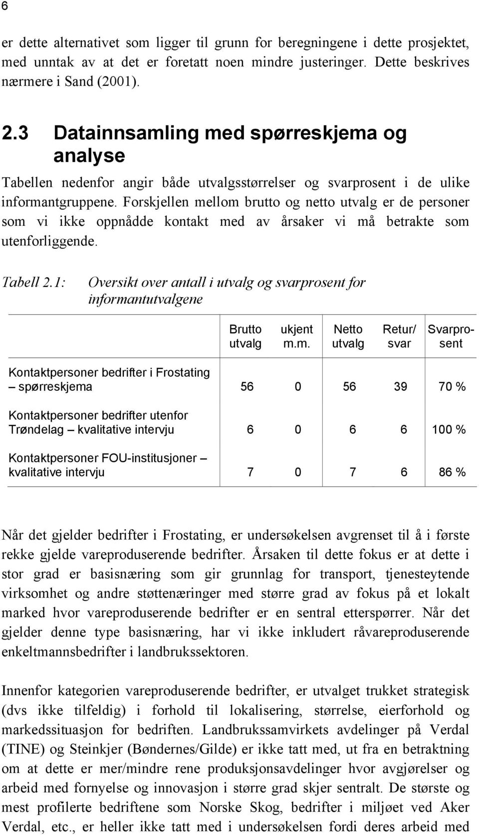 Forskjellen mellom brutto og netto utvalg er de personer som vi ikke oppnådde kontakt med av årsaker vi må betrakte som utenforliggende. Tabell 2.