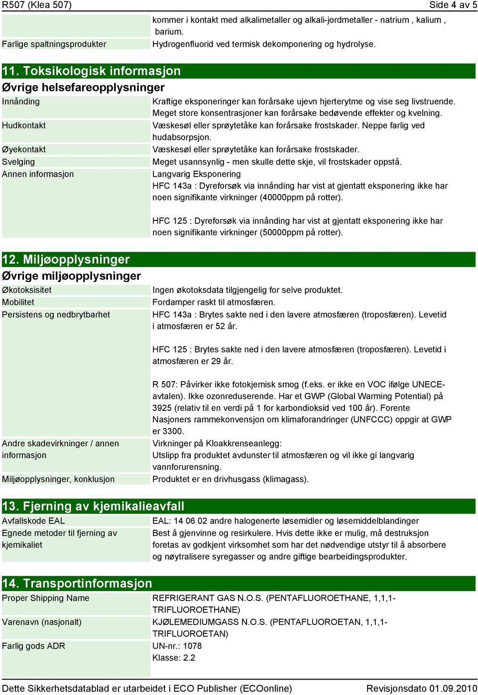 Hydrogenfluorid ved termisk dekomponering og hydrolyse. Kraftige eksponeringer kan forårsake ujevn hjerterytme og vise seg livstruende.