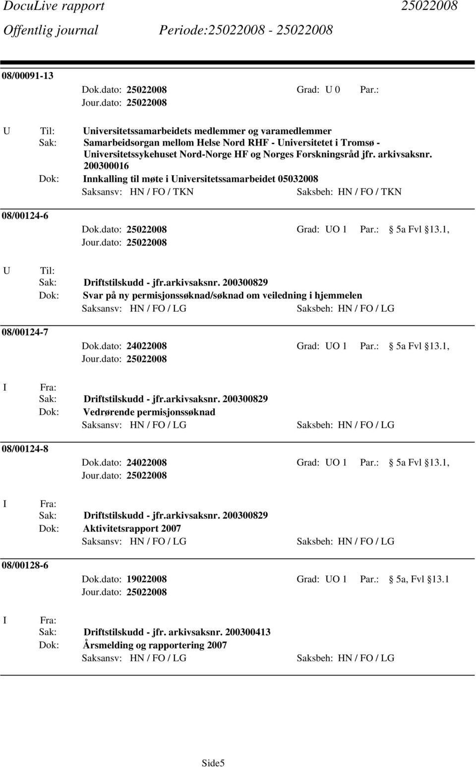 arkivsaksnr. 200300016 nnkalling til møte i Universitetssamarbeidet 05032008 Saksansv: HN / FO / TKN 08/00124-6 Dok.dato: 25022008 Grad: UO 1 Par.: 5a Fvl 13.1, U Til: Sak: Driftstilskudd - jfr.