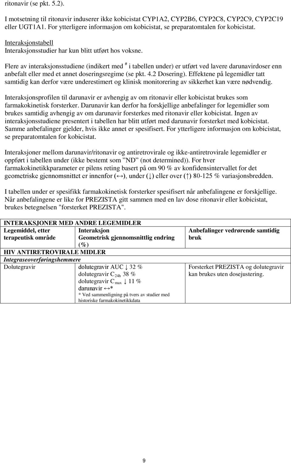 Flere av interaksjonsstudiene (indikert med # i tabellen under) er utført ved lavere darunavirdoser enn anbefalt eller med et annet doseringsregime (se pkt. 4.2 Dosering).