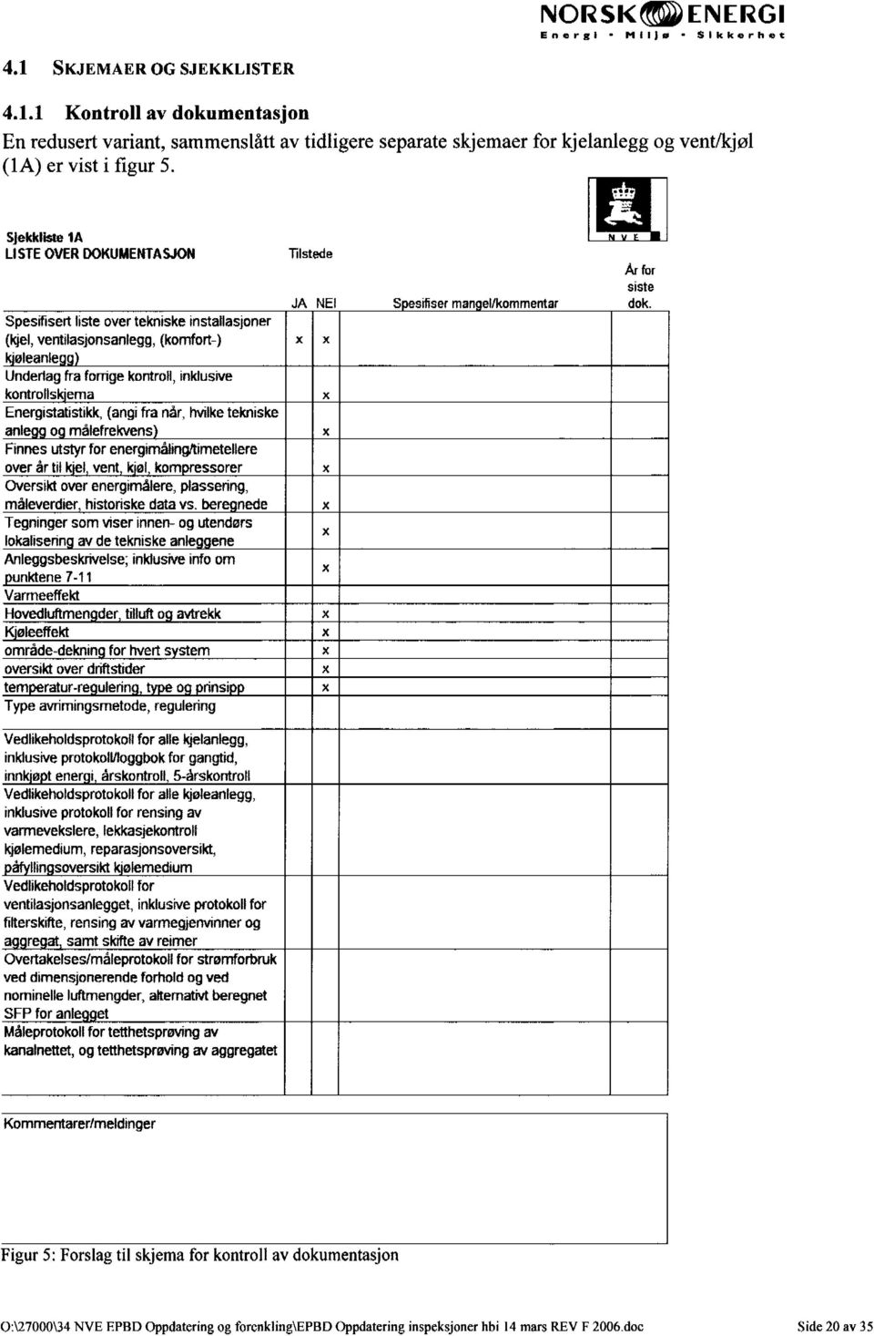 Spesifisert liste over tekniske installasjoner (kjel, ventilasjonsanlegg, (komfort-) x x kjøleanlegg) Underlag fra forrige kontroll, inklusive kontrollskjema x Energistatistikk, (angi fra når, hvilke