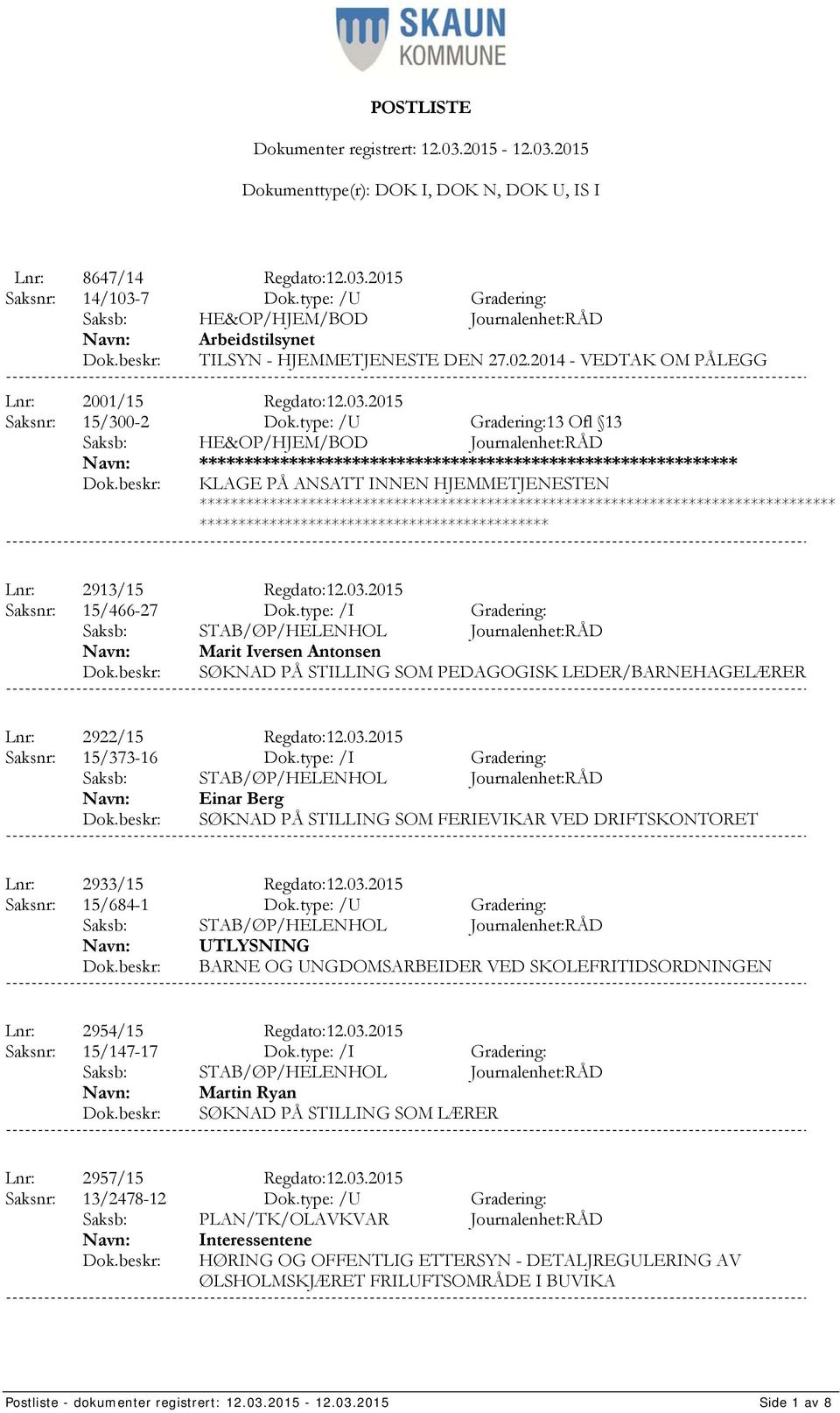 type: /U Gradering:13 Ofl 13 Saksb: HE&OP/HJEM/BOD Journalenhet:RÅD ************************************************************ KLAGE PÅ ANSATT INNEN HJEMMETJENESTEN