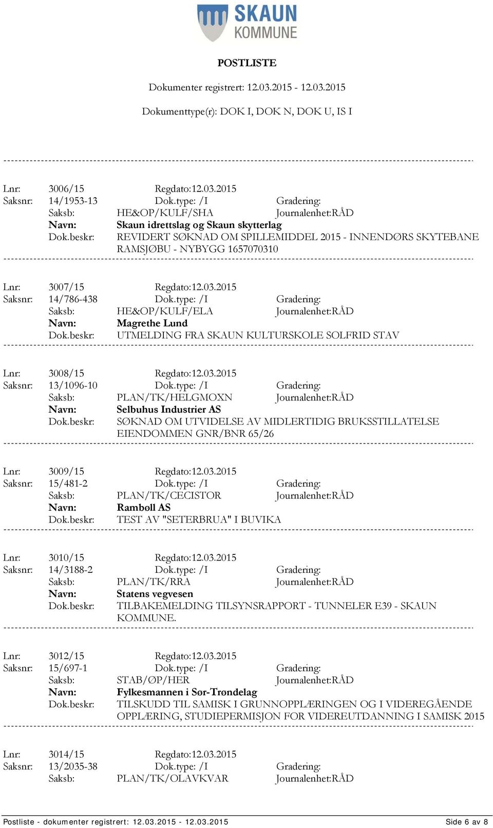 Regdato:12.03.2015 Saksnr: 14/786-438 Dok.type: /I Gradering: Saksb: HE&OP/KULF/ELA Journalenhet:RÅD Magrethe Lund UTMELDING FRA SKAUN KULTURSKOLE SOLFRID STAV Lnr: 3008/15 Regdato:12.03.2015 Saksnr: 13/1096-10 Dok.