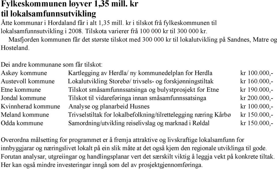 Dei andre kommunane som får tilskot: Askøy kommune Kartlegging av Herdla/ ny kommunedelplan for Herdla kr 100.000,- Austevoll kommune Lokalutvikling Storebø/ trivsels- og forskjønningstiltak kr 160.