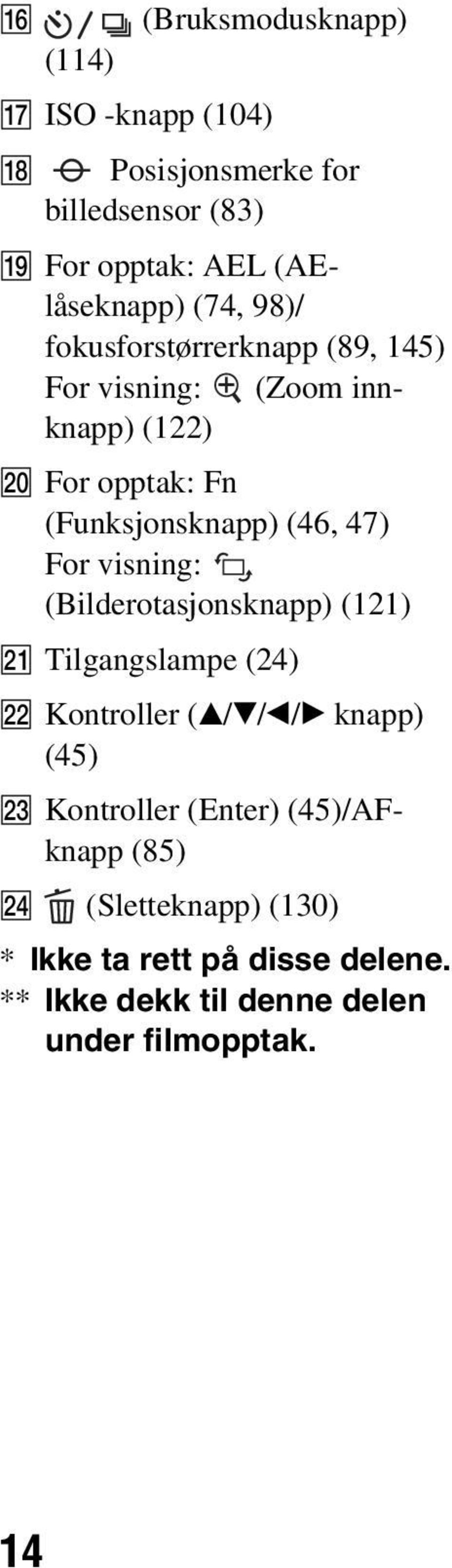 For visning: (Bilderotasjonsknapp) (121) U Tilgangslampe (24) V Kontroller (v/v/b/b knapp) (45) W Kontroller (Enter)