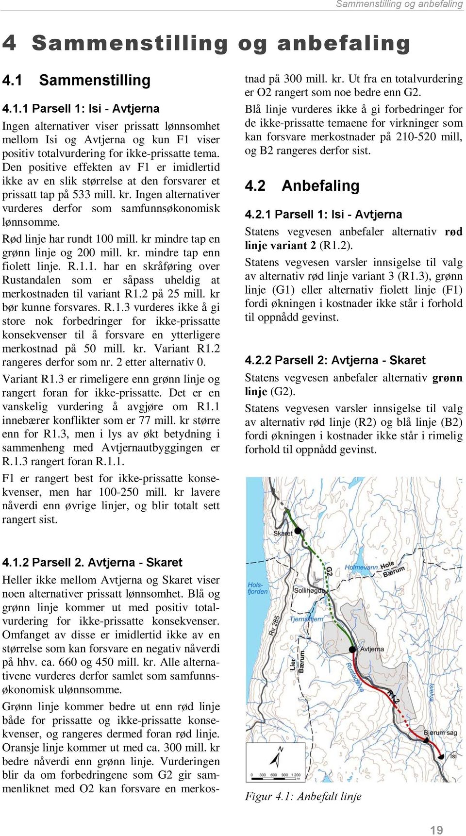 Ingen alternativer vurderes derfor som samfunnsøkonomisk lønnsomme. Rød linje har rundt 100 mill. kr mindre tap en grønn linje og 200 mill. kr. mindre tap enn fiolett linje. R.1.1. har en skråføring over Rustandalen som er såpass uheldig at merkostnaden til variant R1.