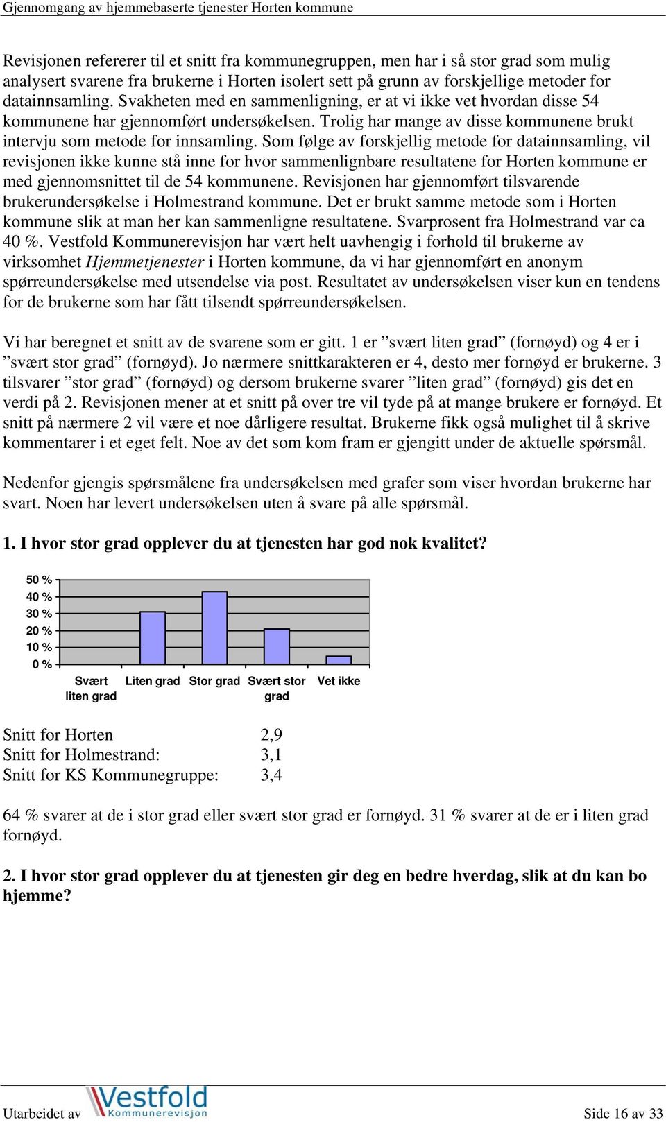 Som følge av forskjellig metode for datainnsamling, vil revisjonen ikke kunne stå inne for hvor sammenlignbare resultatene for Horten kommune er med gjennomsnittet til de 54 kommunene.