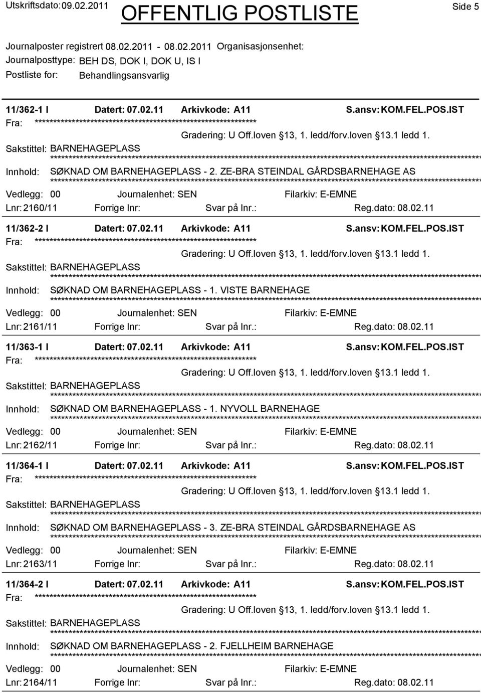 Innhold: SØKNAD OM BARNEHAGEPLASS - 1. VISTE BARNEHAGE 00 Lnr: 2161/11 Forrige lnr: Svar på lnr.: Reg.dato: 08.02.11 11/363-1 I Datert: 07.02.11 Arkivkode: A11 U Off.loven 13, 1. ledd/forv.loven 13.1 ledd 1.