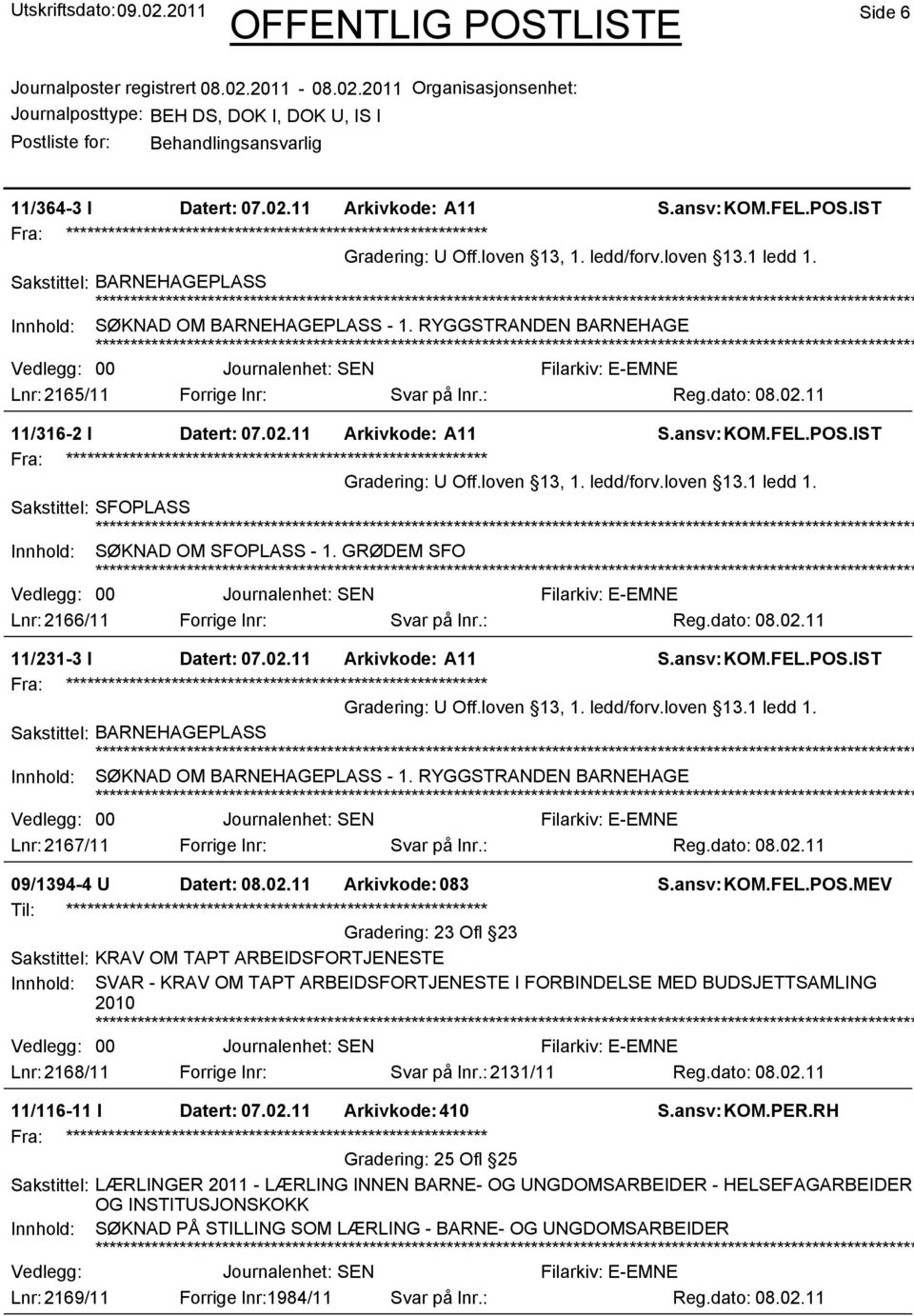 Sakstittel: SFOPLASS Innhold: SØKNAD OM SFOPLASS - 1. GRØDEM SFO 00 Lnr: 2166/11 Forrige lnr: Svar på lnr.: Reg.dato: 08.02.11 11/231-3 I Datert: 07.02.11 Arkivkode: A11 U Off.loven 13, 1. ledd/forv.