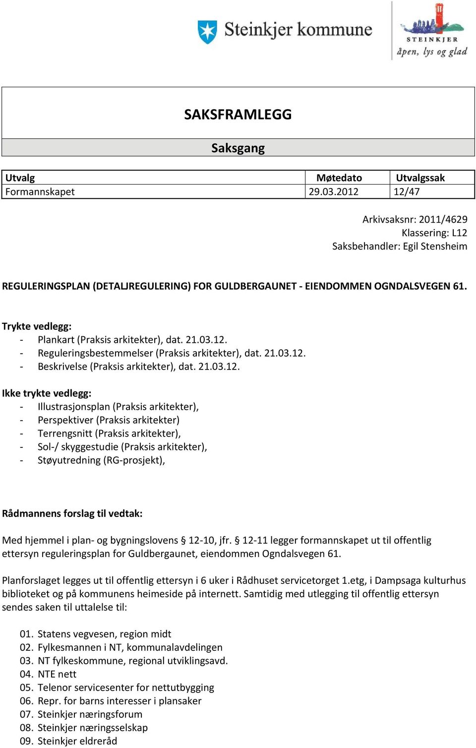 Trykte vedlegg: - Plankart (Praksis arkitekter), dat. 21.03.12.