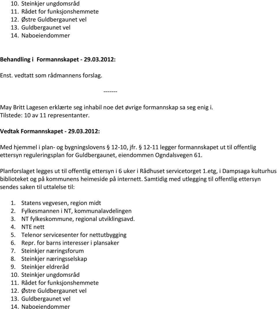 2012: Med hjemmel i plan- og bygningslovens 12-10, jfr. 12-11 legger formannskapet ut til offentlig ettersyn reguleringsplan for Guldbergaunet, eiendommen Ogndalsvegen 61.