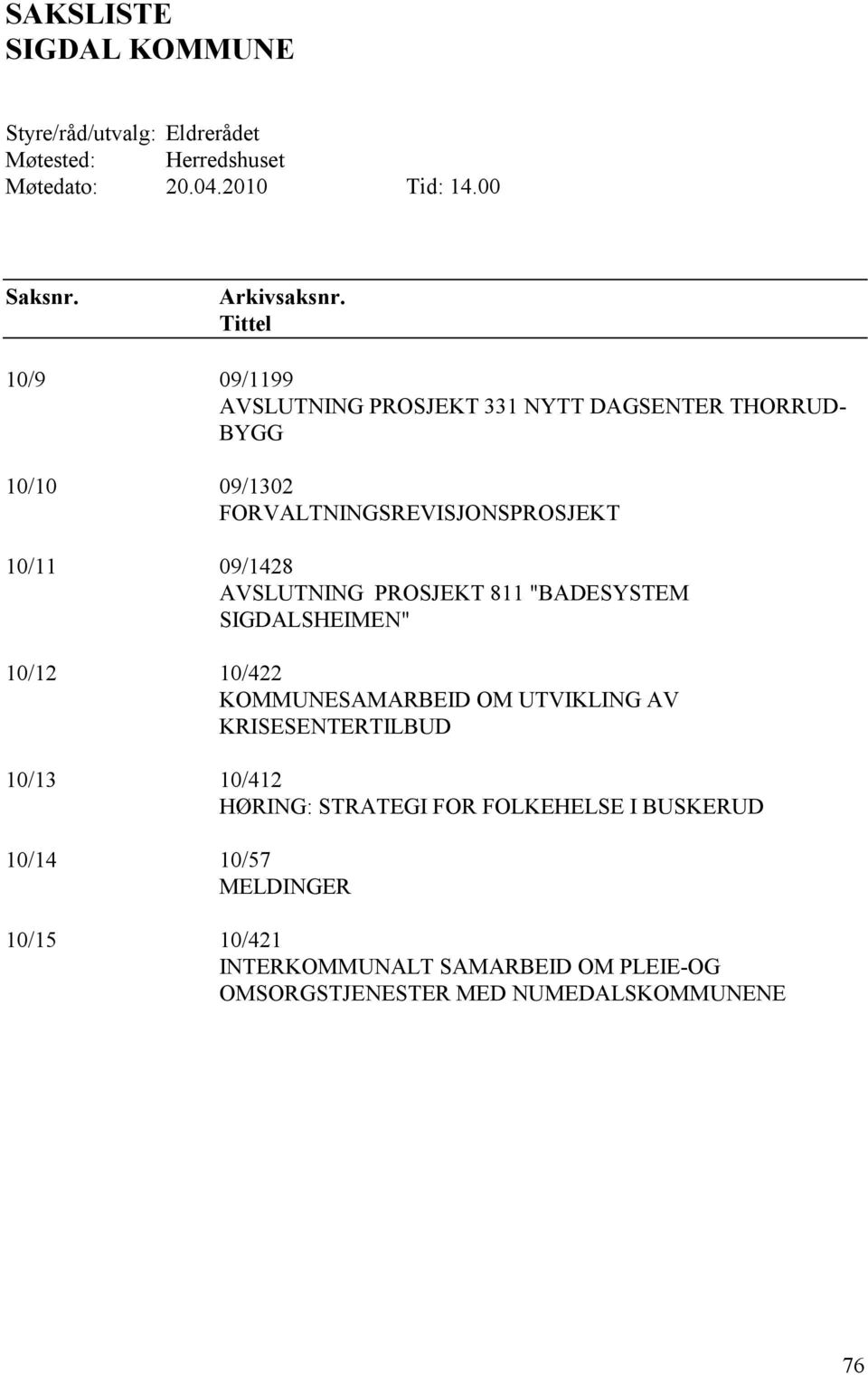 AVSLUTNING PROSJEKT 811 "BADESYSTEM SIGDALSHEIMEN" 10/12 10/422 KOMMUNESAMARBEID OM UTVIKLING AV KRISESENTERTILBUD 10/13 10/412 HØRING: