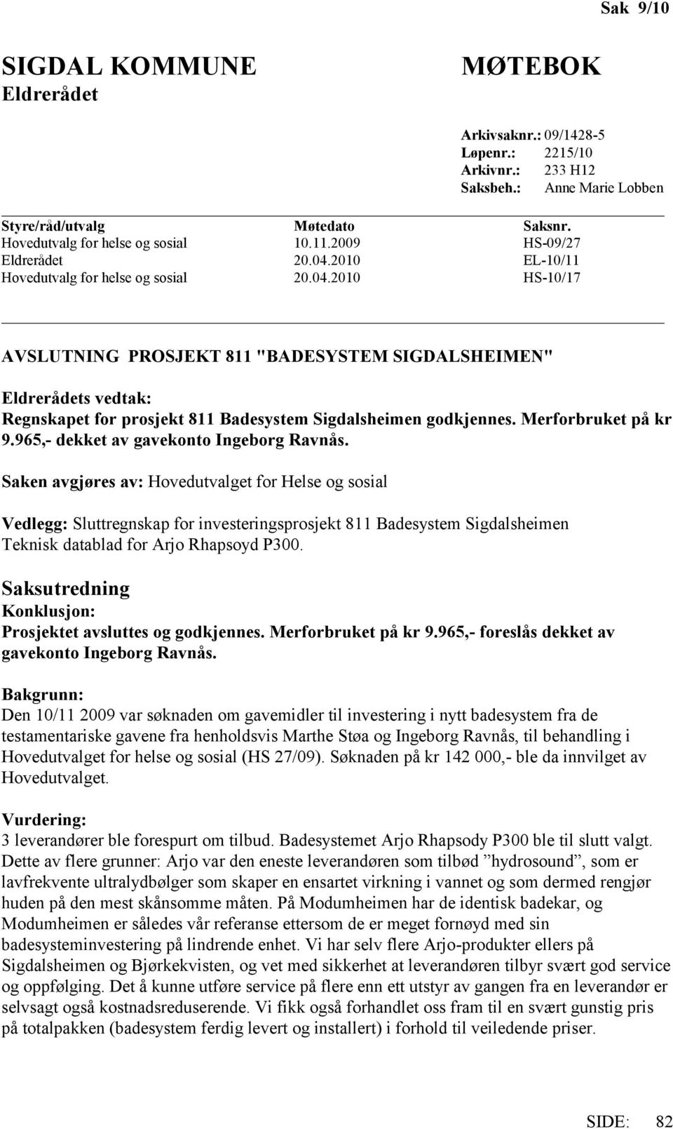 Merforbruket på kr 9.965,- dekket av gavekonto Ingeborg Ravnås.