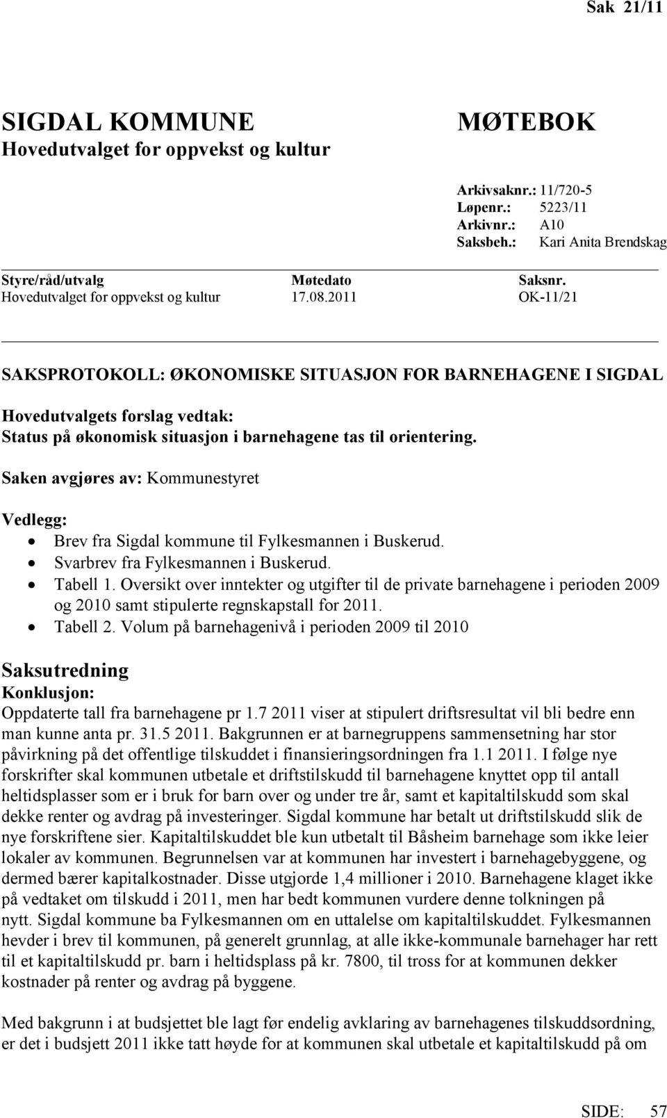 2011 OK-11/21 SAKSPROTOKOLL: ØKONOMISKE SITUASJON FOR BARNEHAGENE I SIGDAL Hovedutvalgets forslag vedtak: Status på økonomisk situasjon i barnehagene tas til orientering.