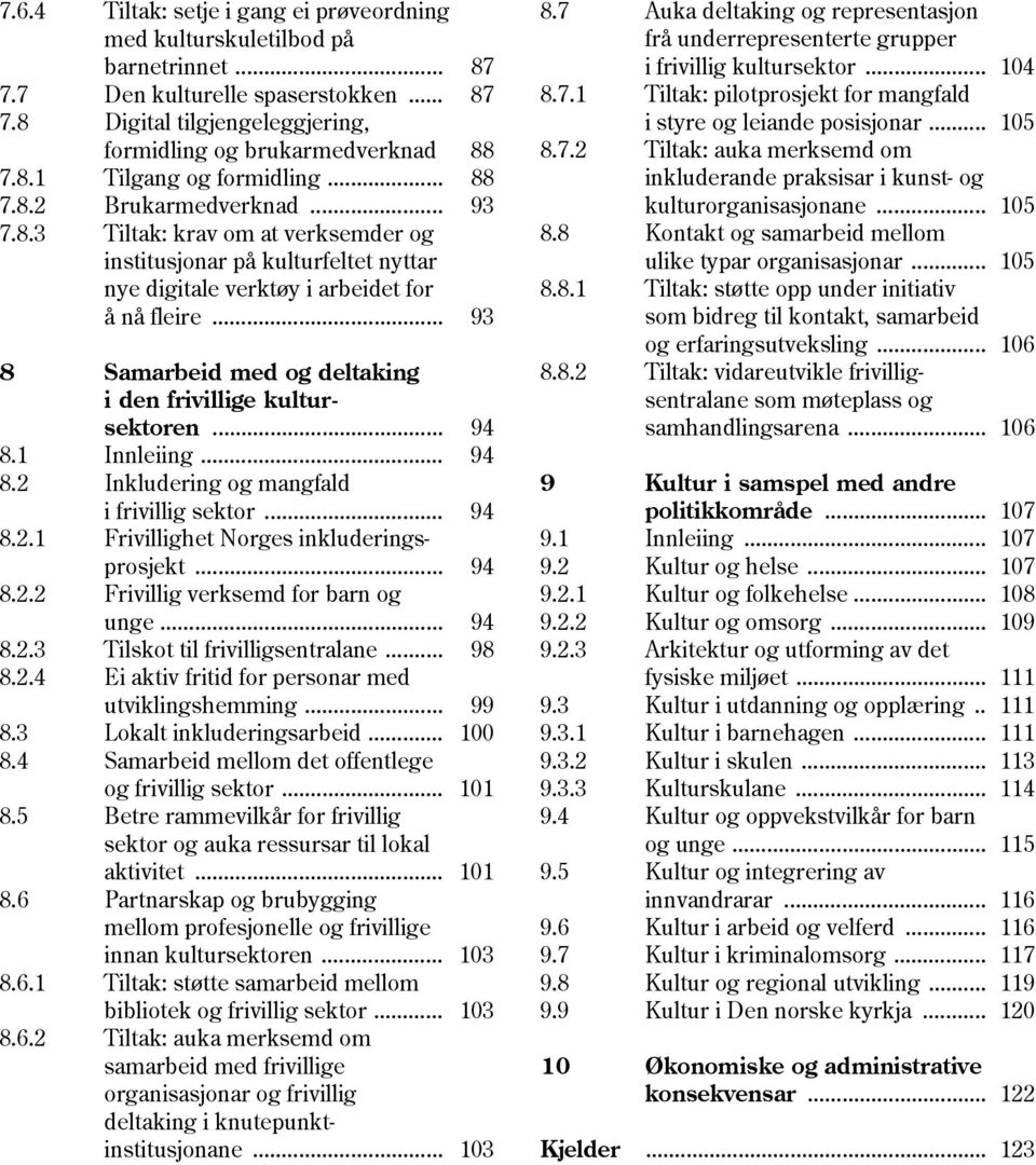 .. 93 8 Samarbeid med og deltaking i den frivillige kultursektoren... 94 8.1 Innleiing... 94 8.2 Inkludering og mangfald i frivillig sektor... 94 8.2.1 Frivillighet Norges inkluderingsprosjekt... 94 8.2.2 Frivillig verksemd for barn og unge.