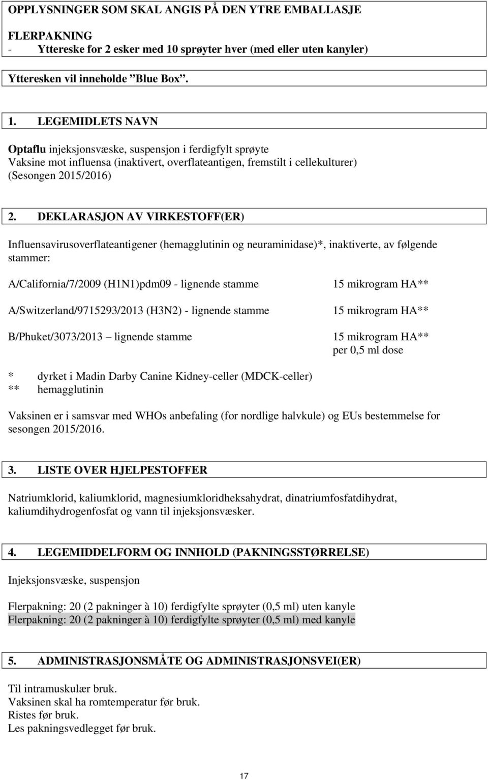 LEGEMIDLETS NAVN Optaflu injeksjonsvæske, suspensjon i ferdigfylt sprøyte Vaksine mot influensa (inaktivert, overflateantigen, fremstilt i cellekulturer) (Sesongen 2015/2016) 2.