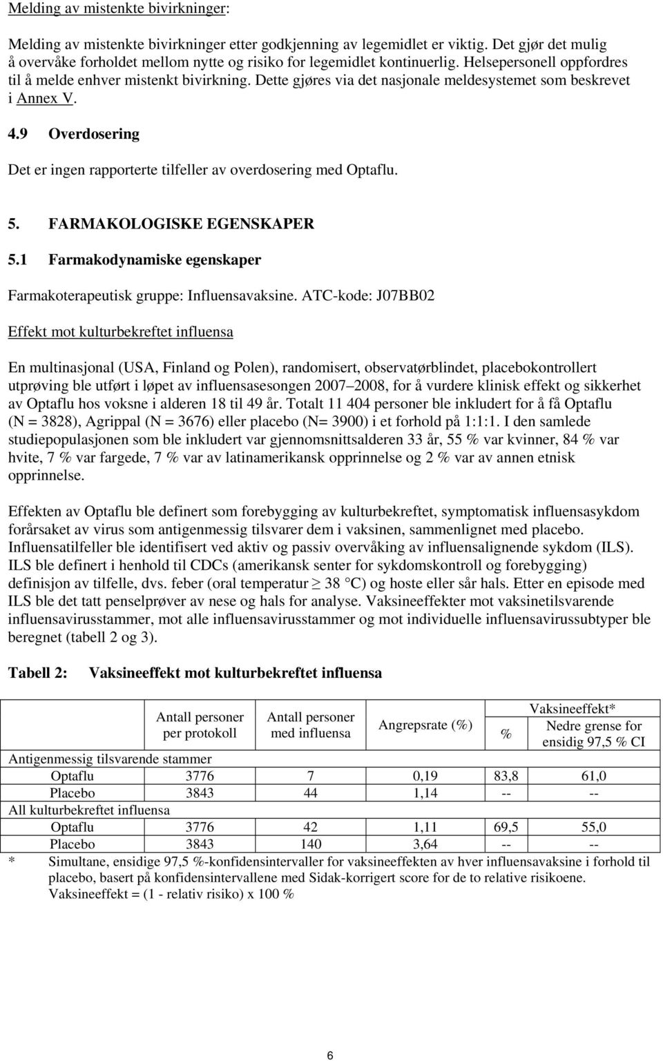 Dette gjøres via det nasjonale meldesystemet som beskrevet i Annex V. 4.9 Overdosering Det er ingen rapporterte tilfeller av overdosering med Optaflu. 5. FARMAKOLOGISKE EGENSKAPER 5.