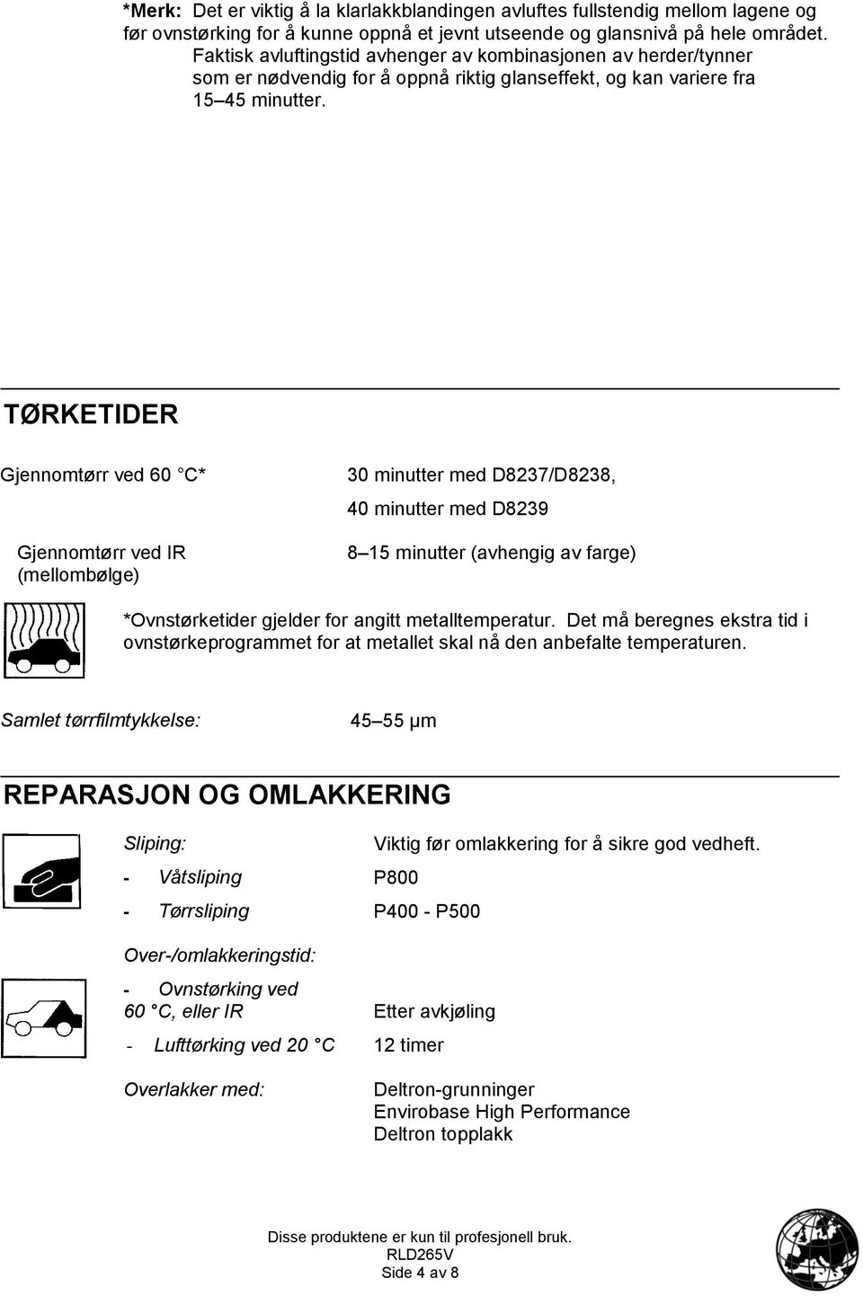 TØRKETIDER Gjennomtørr ved 60 C* Gjennomtørr ved IR (mellombølge) 30 minutter med D8237/D8238, 40 minutter med D8239 8 15 minutter (avhengig av farge) *Ovnstørketider gjelder for angitt