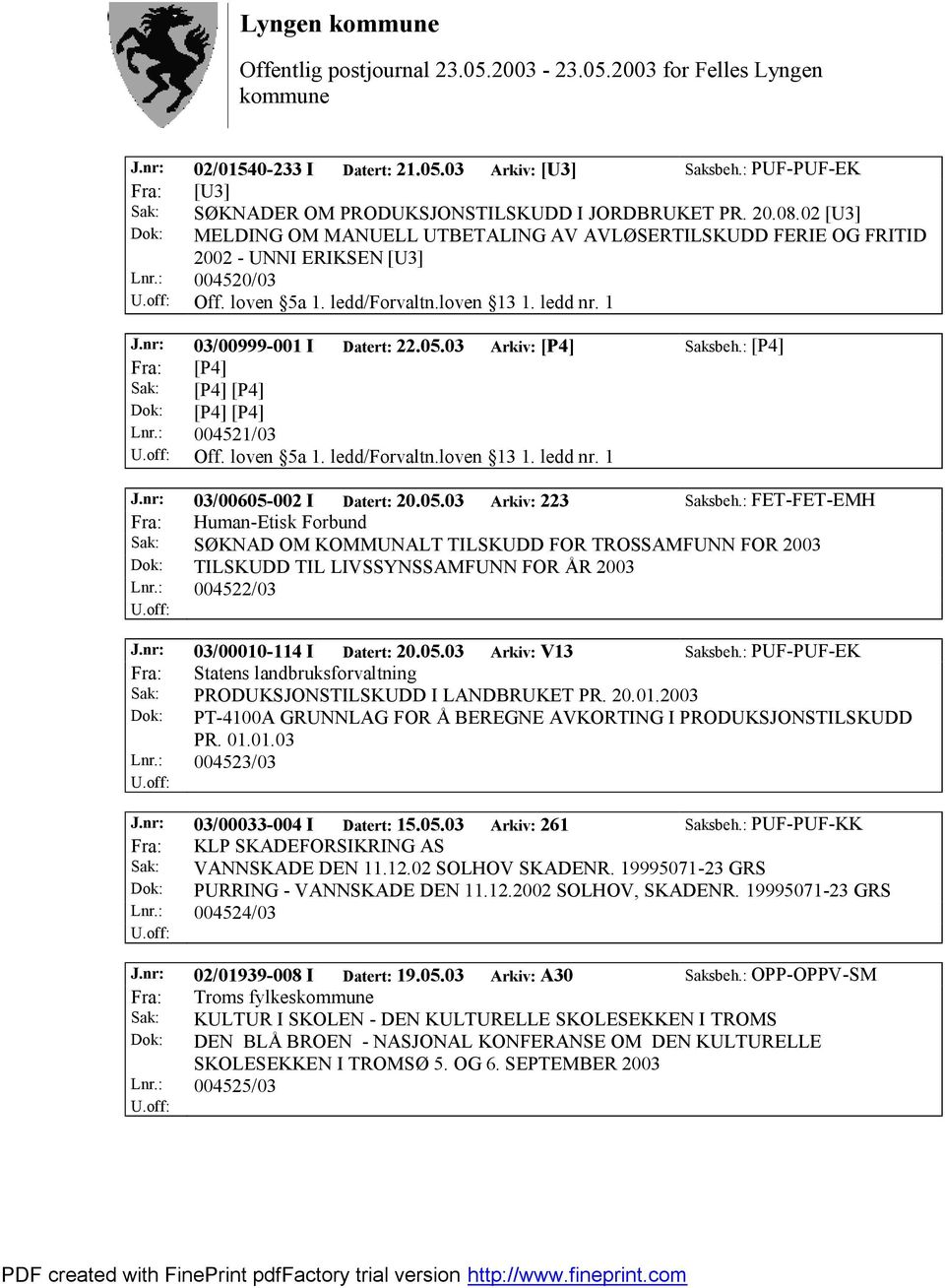 nr: 03/00999-001 I Datert: 22.05.03 Arkiv: [P4] Saksbeh.: [P4] Fra: [P4] Sak: [P4] [P4] Dok: [P4] [P4] Lnr.: 004521/03 Off. loven 5a 1. ledd/forvaltn.loven 13 1. ledd nr. 1 J.