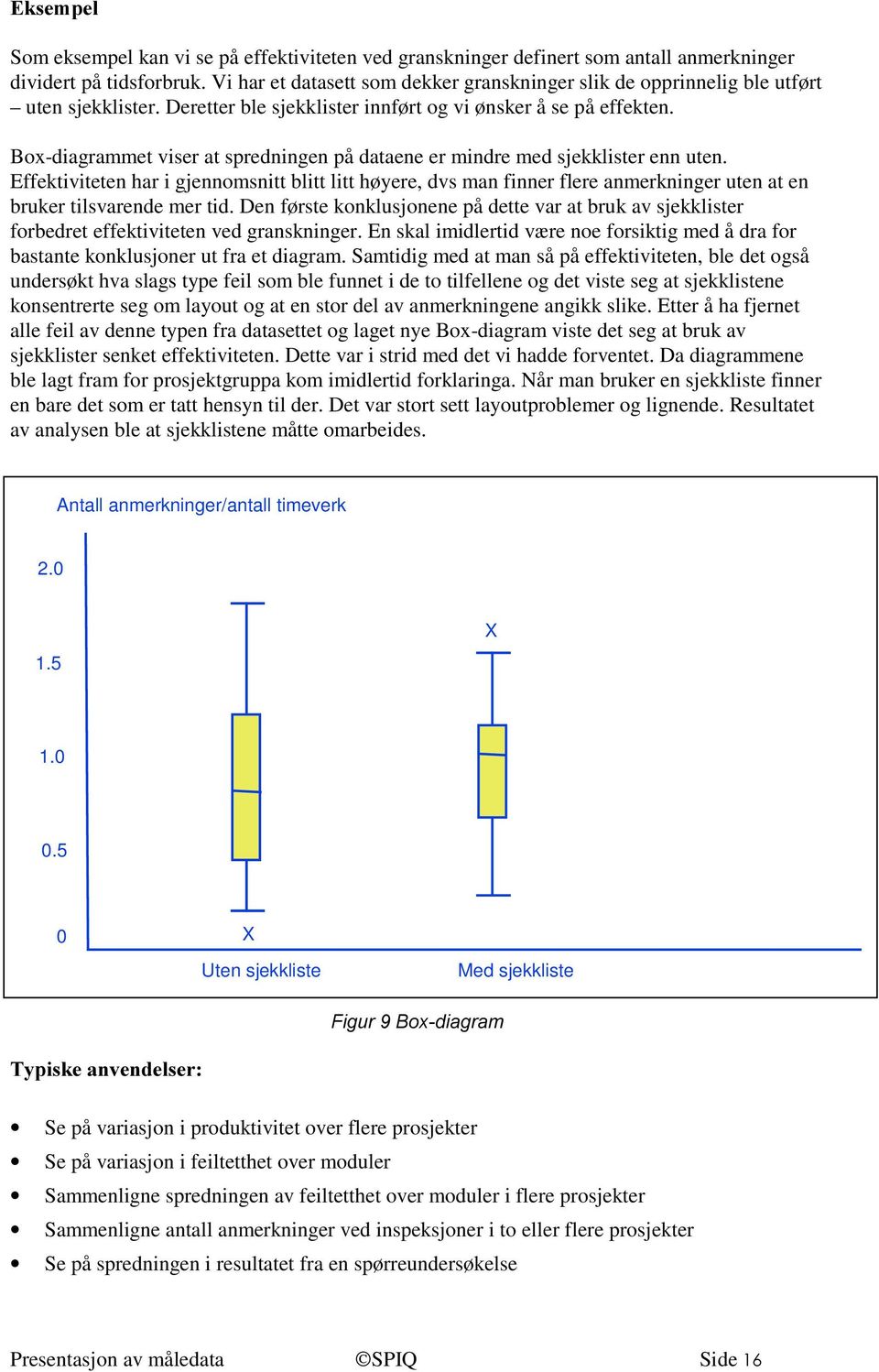 Box-diagrammet viser at spredningen på dataene er mindre med sjekklister enn uten.