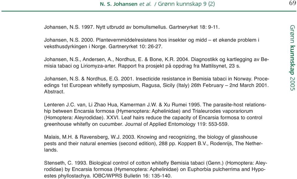 Rapport fra prosjekt på oppdrag fra Mattilsynet, 23 s. Johansen, N.S. & Nordhus, E.G. 2001. Insecticide resistance in Bemisia tabaci in Norway.