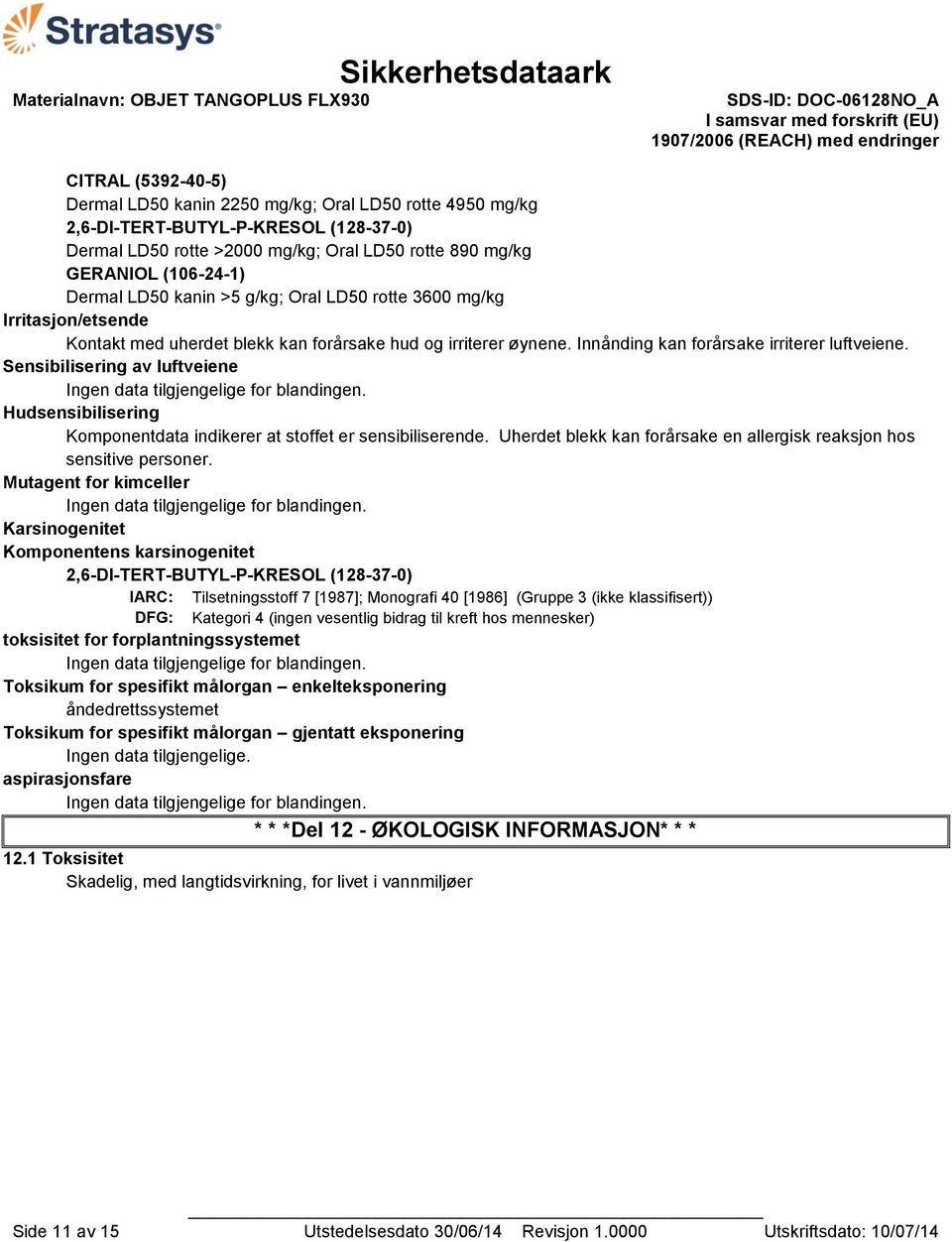 Sensibilisering av luftveiene Ingen data tilgjengelige for blandingen. Hudsensibilisering Komponentdata indikerer at stoffet er sensibiliserende.