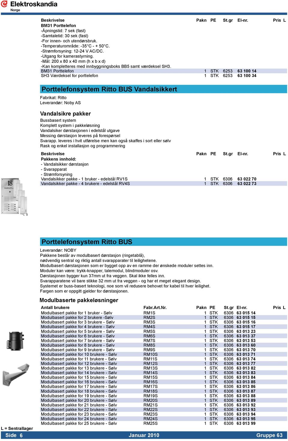 BM31 Porttelefon 1 STK 6253 63 100 14 SH3 Værdeksel for porttelefon 1 STK 6253 63 100 34 Porttelefonsystem Ritto BUS Vandalsikkert Fabrikat: Ritto.