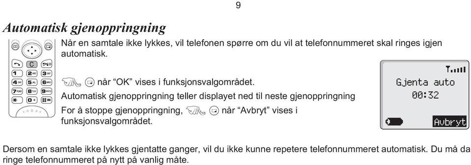 Automatisk gjenoppringning teller displayet ned til neste gjenoppringning For å stoppe gjenoppringning, FBnår Avbryt vises i