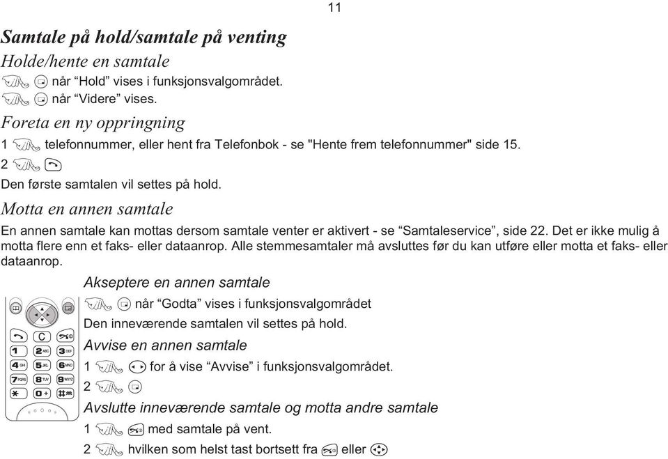 Motta en annen samtale 11 En annen samtale kan mottas dersom samtale venter er aktivert - se Samtaleservice, side 22. Det er ikke mulig å motta flere enn et faks- eller dataanrop.