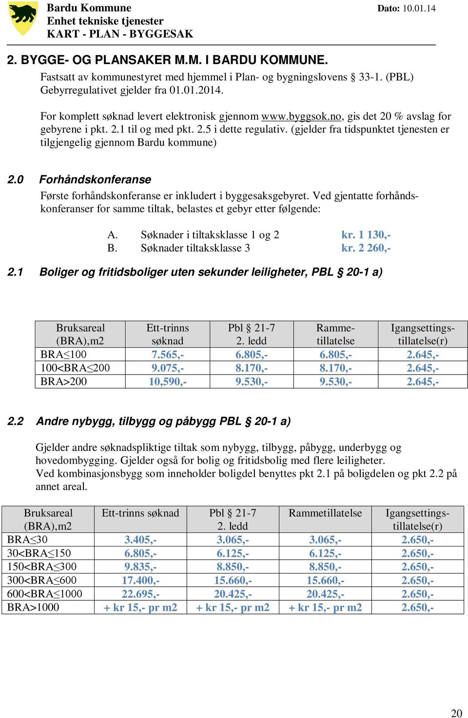 (gjelder fra tidspunktet tjenesten er tilgjengelig gjennom Bardu kommune) 2.0 Forhåndskonferanse Første forhåndskonferanse er inkludert i byggesaksgebyret.