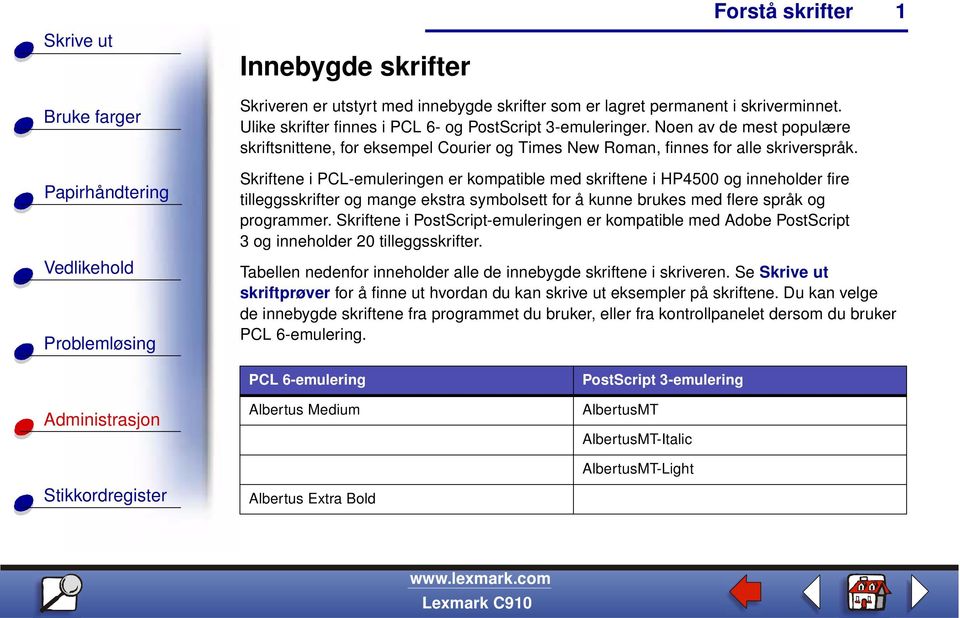 Skriftene i PCL-emuleringen er kompatible med skriftene i HP4500 og inneholder fire tilleggsskrifter og mange ekstra symbolsett for å kunne brukes med flere språk og programmer.