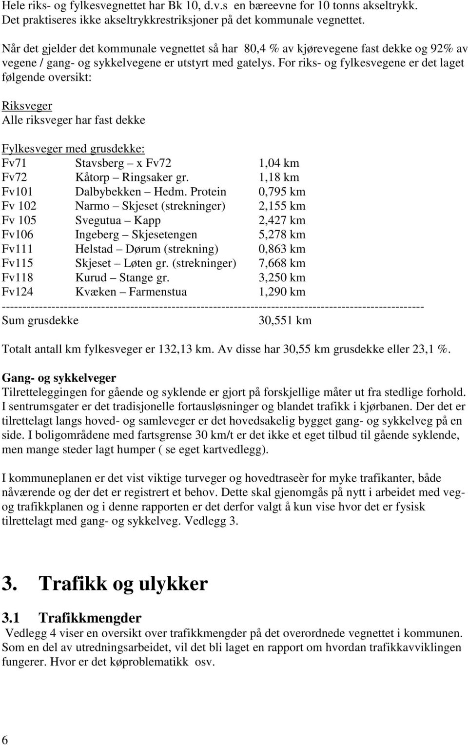 For riks- og fylkesvegene er det laget følgende oversikt: Riksveger Alle riksveger har fast dekke Fylkesveger med grusdekke: Fv71 Stavsberg x Fv72 1,04 km Fv72 Kåtorp Ringsaker gr.