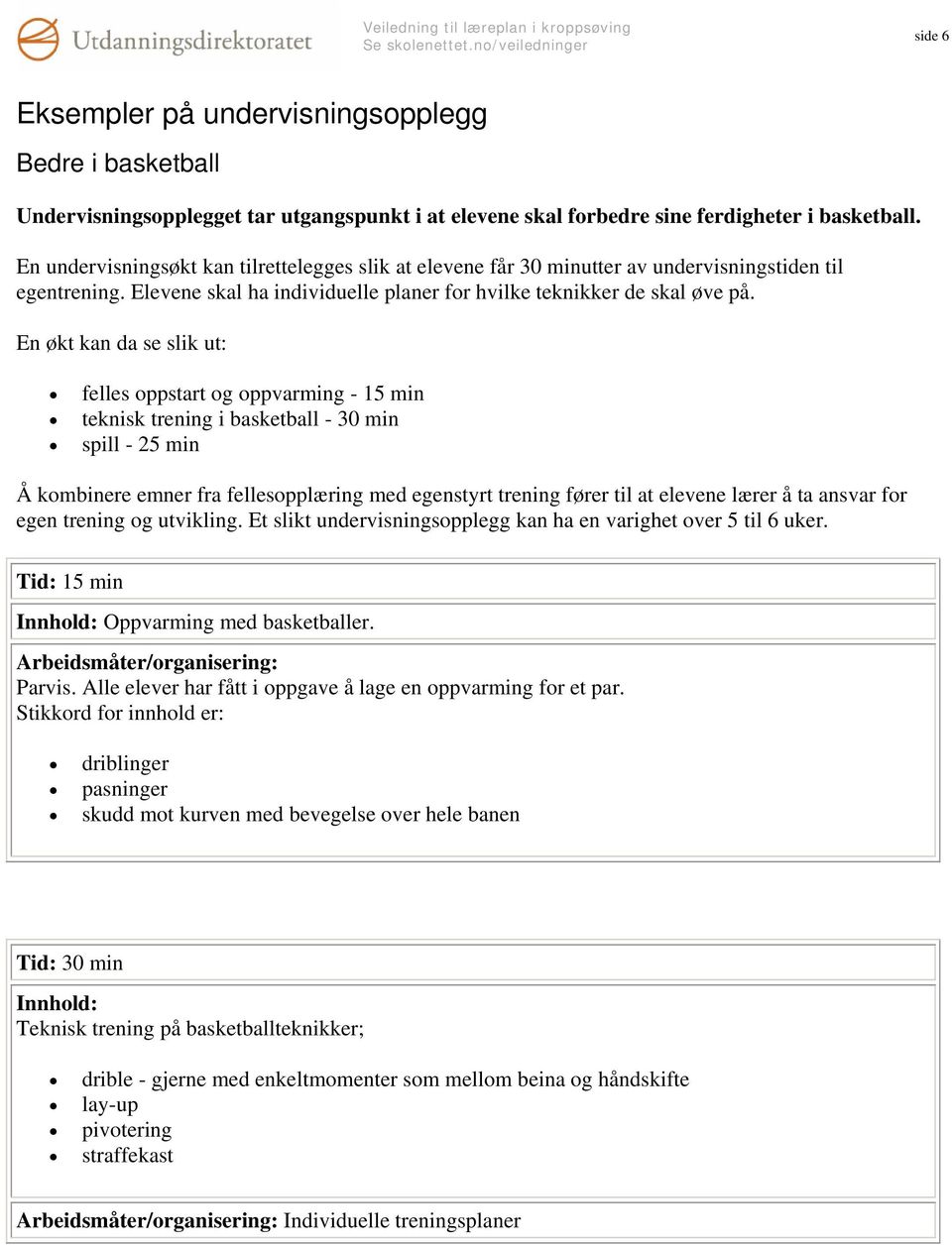 En økt kan da se slik ut: felles oppstart og oppvarming - 15 min teknisk trening i basketball - 30 min spill - 25 min Å kombinere emner fra fellesopplæring med egenstyrt trening fører til at elevene