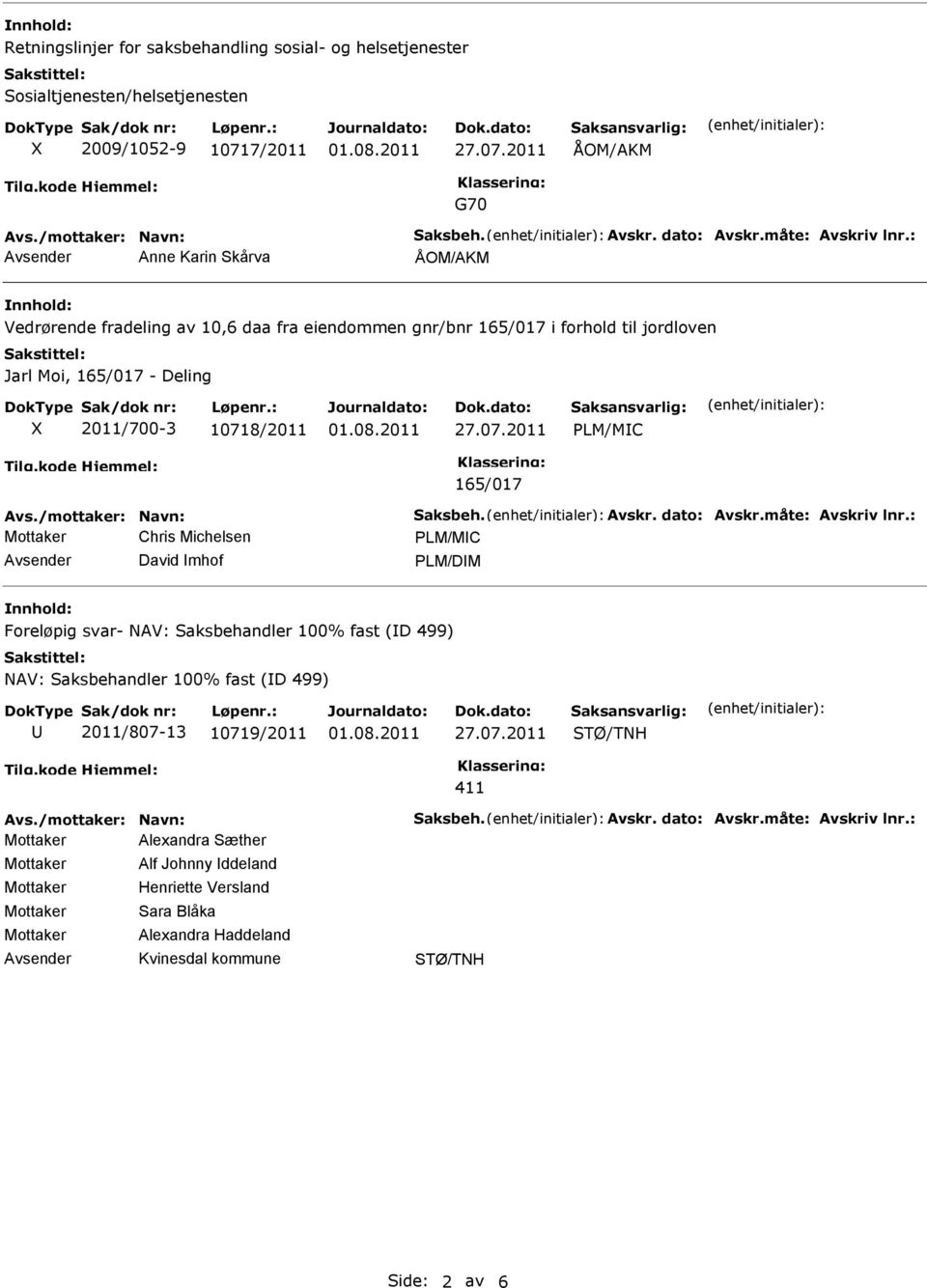 : Anne Karin Skårva ÅOM/AKM Vedrørende fradeling av 10,6 daa fra eiendommen gnr/bnr 165/017 i forhold til jordloven Jarl Moi, 165/017 - Deling X 2011/700-3 10718/2011 LM/MC 165/017 Avs.