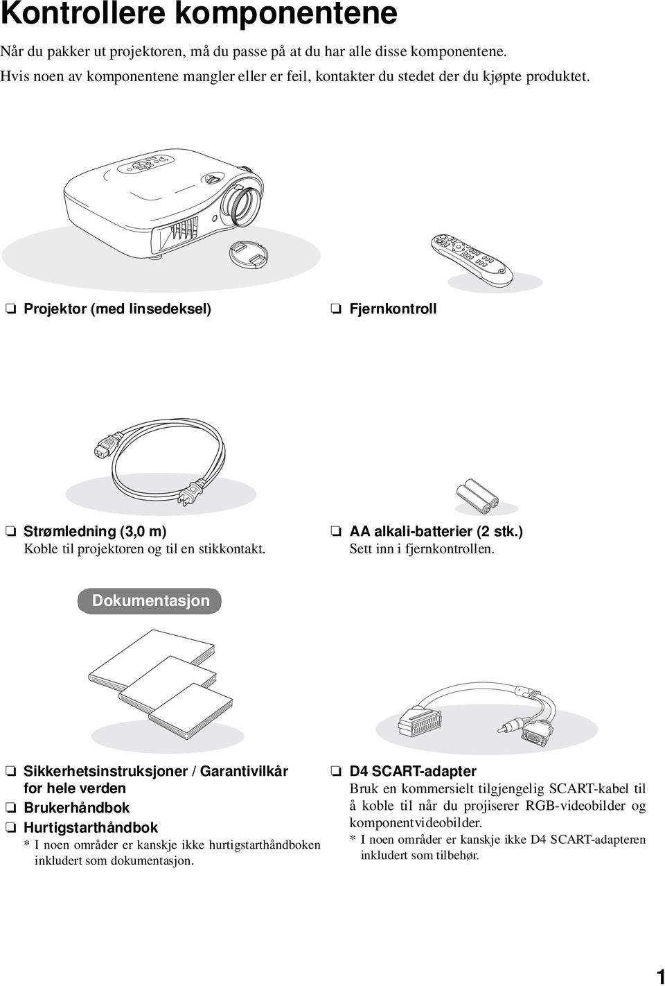 Projektor (med linsedeksel) Fjernkontroll Strømledning (3,0 m) Koble til projektoren og til en stikkontakt. AA alkali-batterier (2 stk.) Sett inn i fjernkontrollen.