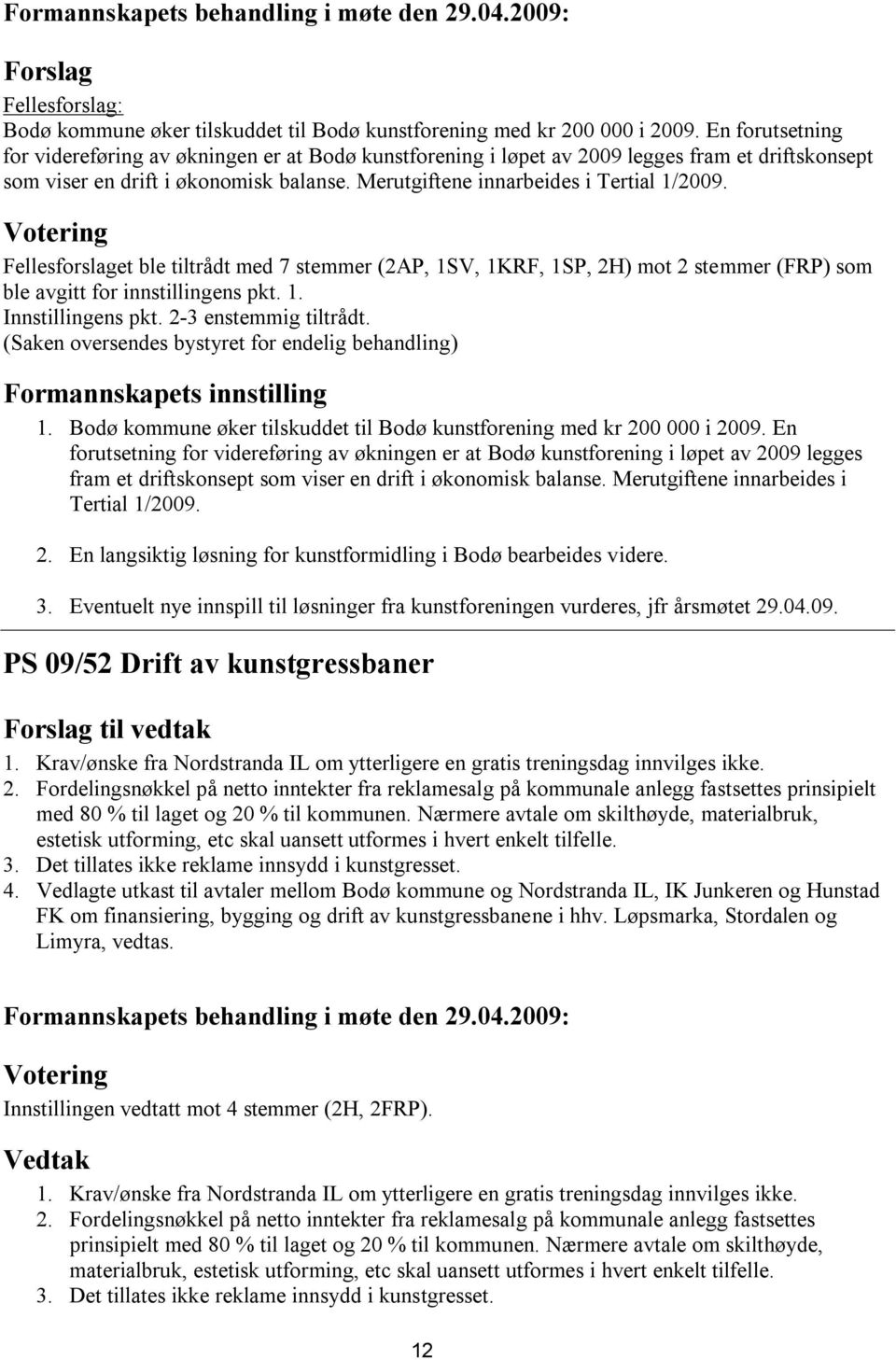 Fellesforslaget ble tiltrådt med 7 stemmer (2AP, 1SV, 1KRF, 1SP, 2H) mot 2 stemmer (FRP) som ble avgitt for innstillingens pkt. 1. Innstillingens pkt. 2-3 enstemmig tiltrådt.