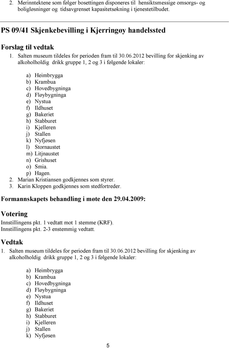 2012 bevilling for skjenking av alkoholholdig drikk gruppe 1, 2 og 3 i følgende lokaler: a) Heimbrygga b) Krambua c) Hovedbygninga d) Fløybygninga e) Nystua f) Ildhuset g) Bakeriet h) Stabburet i)