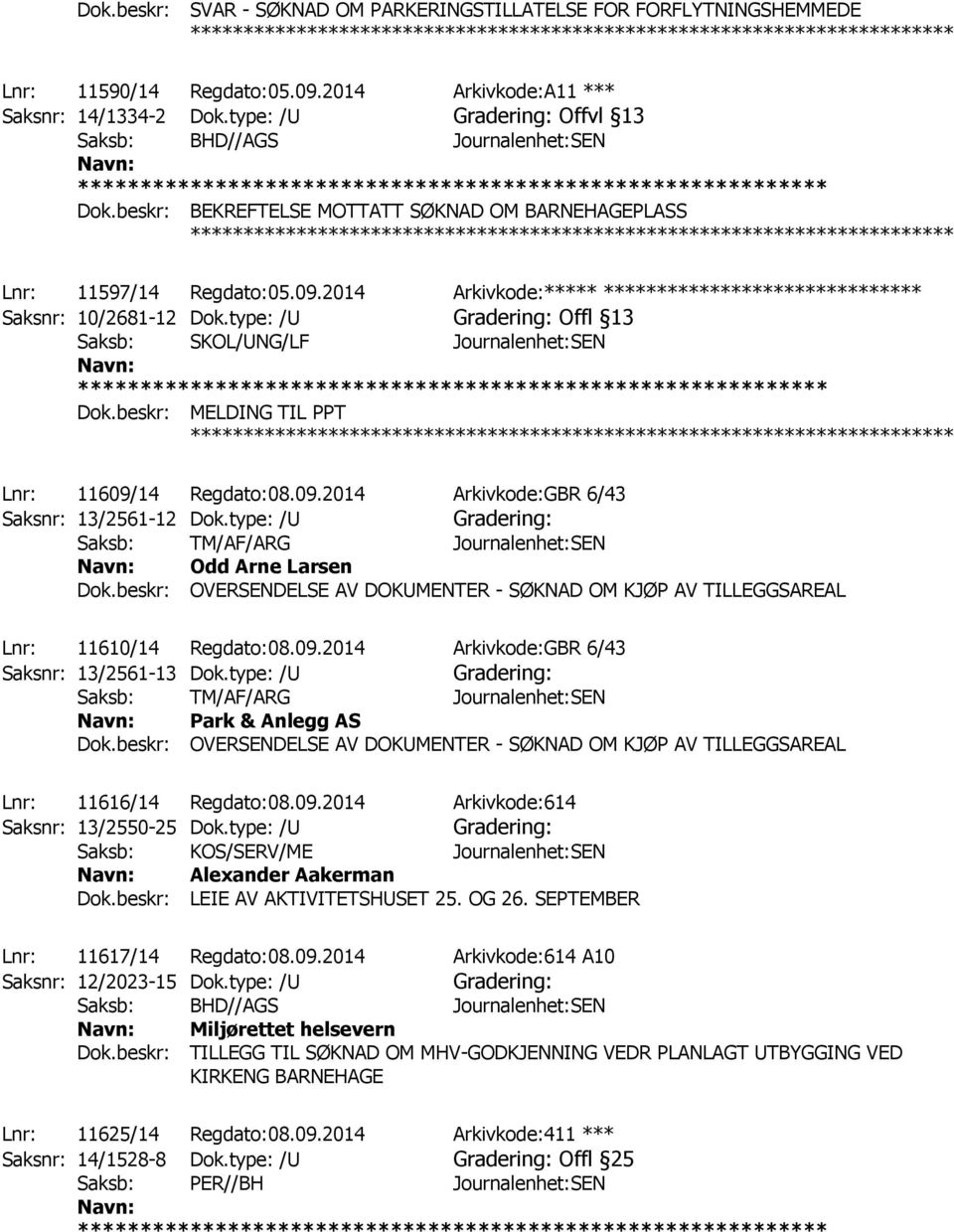 type: /U Offl 13 Saksb: SKOL/UNG/LF Journalenhet:SEN Dok.beskr: MELDING TIL PPT Lnr: 11609/14 Regdato:08.09.2014 Arkivkode:GBR 6/43 Saksnr: 13/2561-12 Dok.type: /U Odd Arne Larsen Dok.