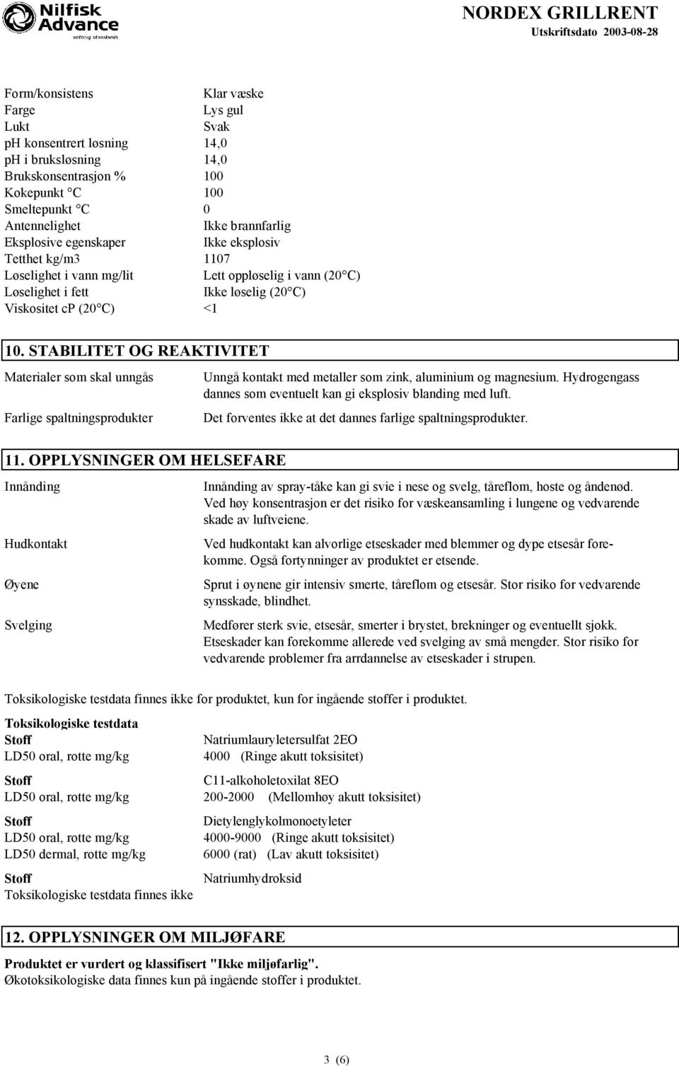 STABILITET OG REAKTIVITET Materialer som skal unngås Farlige spaltningsprodukter Unngå kontakt med metaller som zink, aluminium og magnesium.