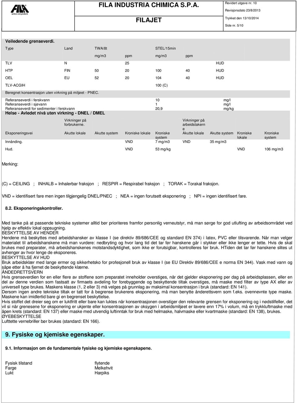 100 (C) Referanseverdi i ferskvann 10 mg/l Referanseverdi i sjøvann 1 mg/l Referanseverdi for sedimenter i ferskvann 20,9 mg/kg Helse - Avledet nivå uten virkning - DNEL / DMEL Virkninger på